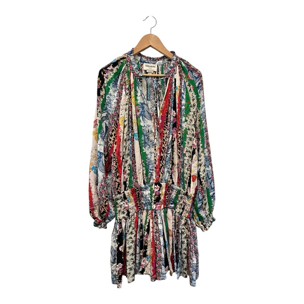 Zadig & Voltaire Rocade Mixed Print Dress Big Cats Floral Silk Drop Waist $898 L